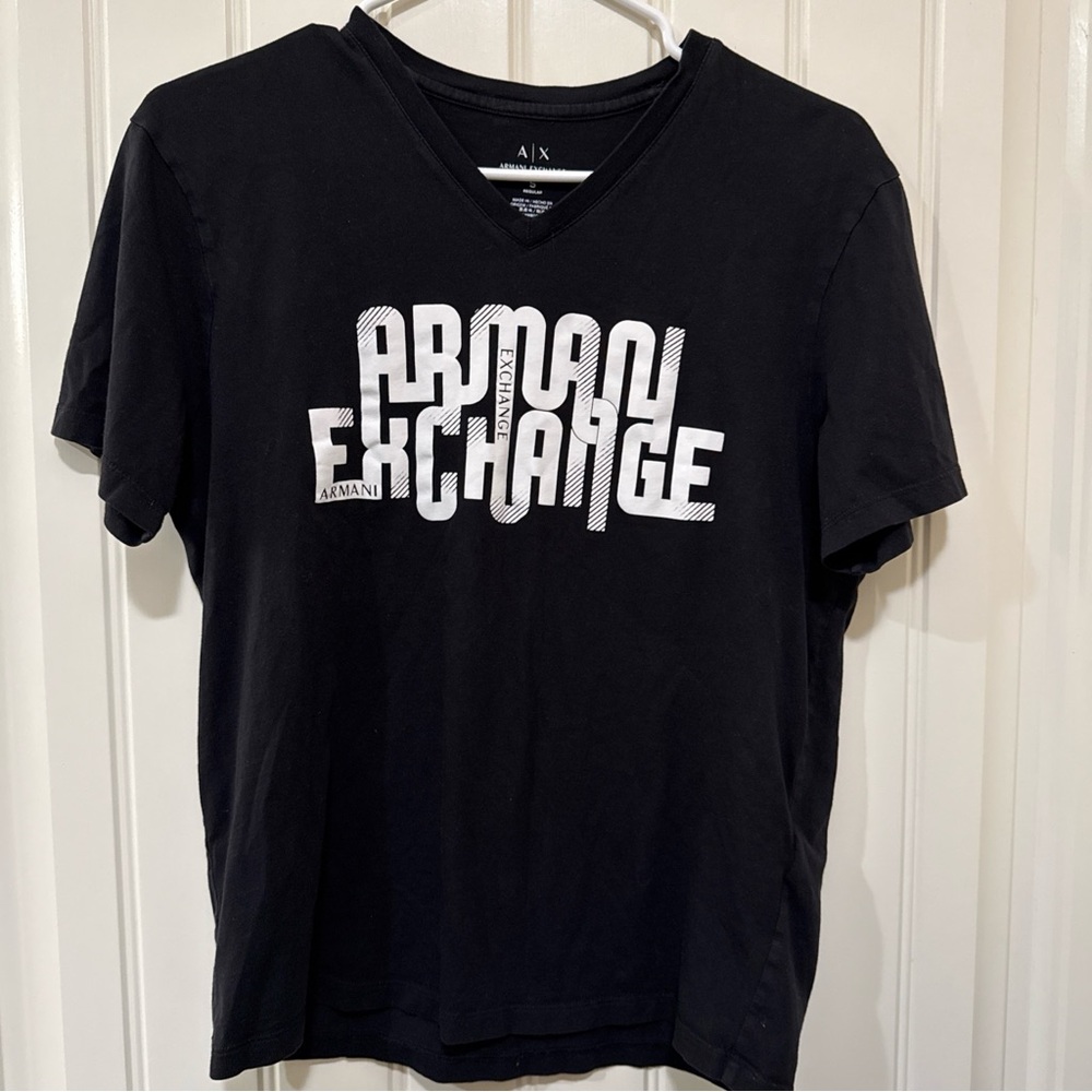 Armani Exchange V-Neck Black Tee with White Logo